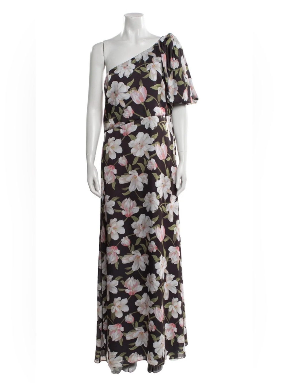 Sachin & Babi Aubrey Gown in Ebony Garden, featuring a one-shoulder design.